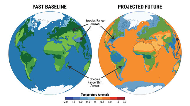 Global temperature anomaly projection map showing climate change impact on species range shifts across the world