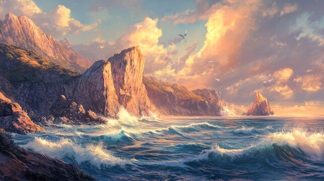 Ocean waves crash against rugged cliffs under a warm, cloudy sky at sunset