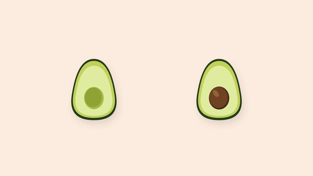 Flat vector avocado fruit opening and splitting in two halves 4k animation