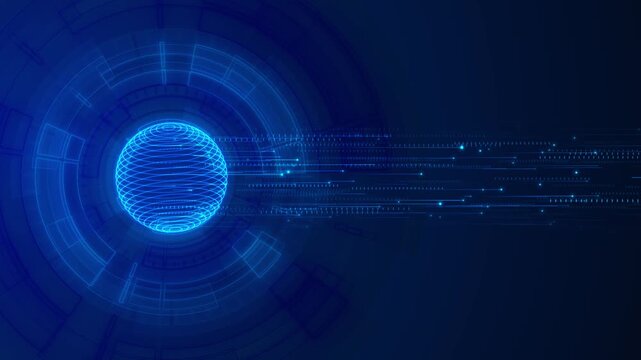 Digital sphere transfer interface visual with blue globe lines, streaming data trails, and clean copy space. Perfect for AI dashboards, software videos, tech intros, and overlays.