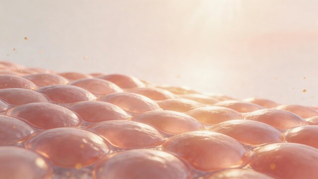 3D render of healthy skin cells under glowing warm sunlight, representing cell regeneration, collagen booster and anti-aging skincare concept