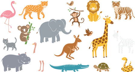Cute wildlife animal vector collection with safari elephant giraffe kangaroo koala crocodile lion tiger and flamingo characters © MdJulfikar