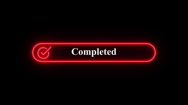  glowing neon completed checkmark  animation video on black background, Motion graphics video clip of a glowing neon blue checkmark inside a rounded rectangle symbolizing a completed task.