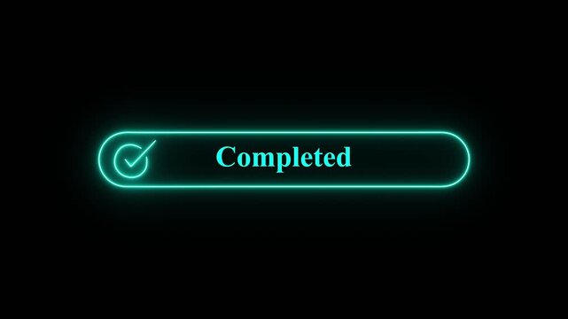  glowing neon completed checkmark  animation video on black background, Motion graphics video clip of a glowing neon blue checkmark inside a rounded rectangle symbolizing a completed task.