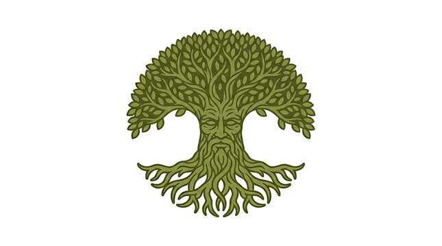 Green tree of life with human face trunk.