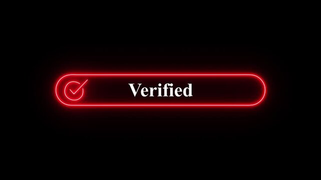 Dynamic  motion graphics animation of a glowing  neon verified badge with checkmark on black background, A high-quality motion graphics animation featuring a glowing neon  pill-shaped frame 