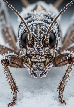 Macro close up of a frozen grasshopper covered in ice crystals