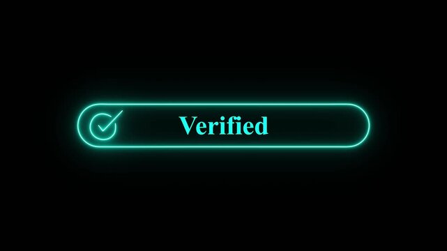 Dynamic  motion graphics animation of a glowing  neon verified badge with checkmark on black background, A high-quality motion graphics animation featuring a glowing neon  pill-shaped frame 