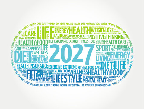 2027 health diet lifestyle wellness word cloud concept for personal goals, healthy food, exercise, fitness, weight loss, mental care, energy, sport, living, nutrition, body and positive planning.