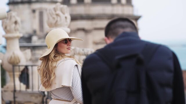 Blonde Woman Posing on Historic Catania Church Rooftop, Sicily