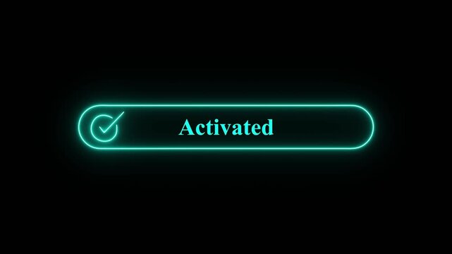 Futuristic Glowing Neon  User Interface Button Displaying Activated Status with Checkmark on Dark Background, Luminous neon  UI banner element displaying a checkmark icon and activated text  