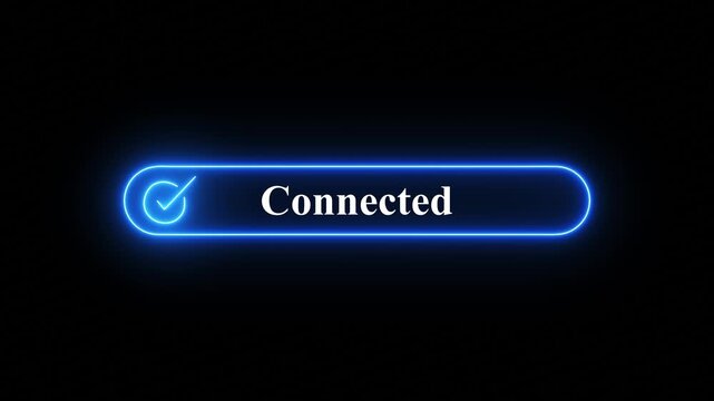 Neon  Glowing Connected Status Button with Checkmark Icon on Dark Digital User Interface Background,Futuristic  neon glowing button displaying a checkmark and the word Connected against a blac
