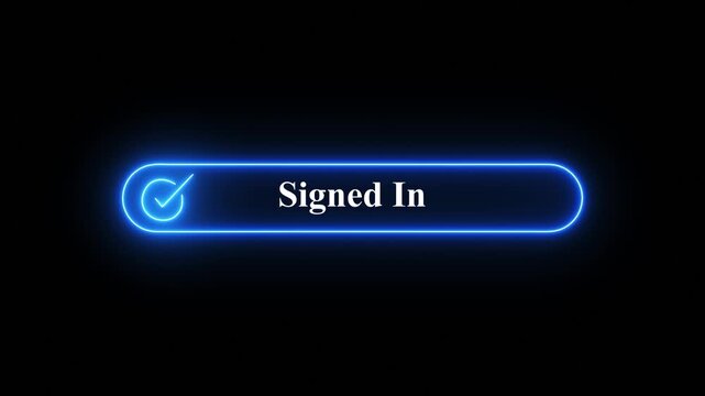 Glowing  neon signed in button with checkmark icon on black background for digital user interface design,A glowing red neon "Signed In" confirmation button with a checkmark icon .