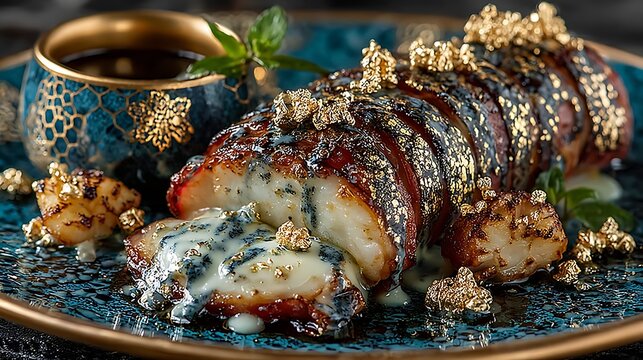Luxury Canestru plated with citrus glaze and edible gold accents, fine dining presentation