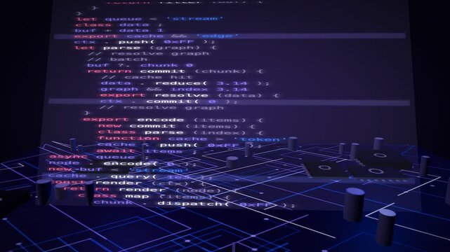 Raked code console over a violet circuit board with diagonal traces 3D animation seamless loop