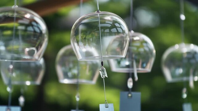 Traditional Japanese glass wind chimes hanging in a garden