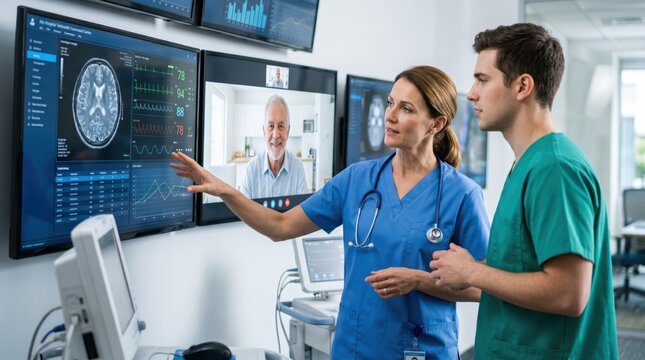 Female doctor and male nurse reviewing patient brain scan and heart rate monitor data on wall screens while conducting video telemedicine consultation with senior patient in mod...