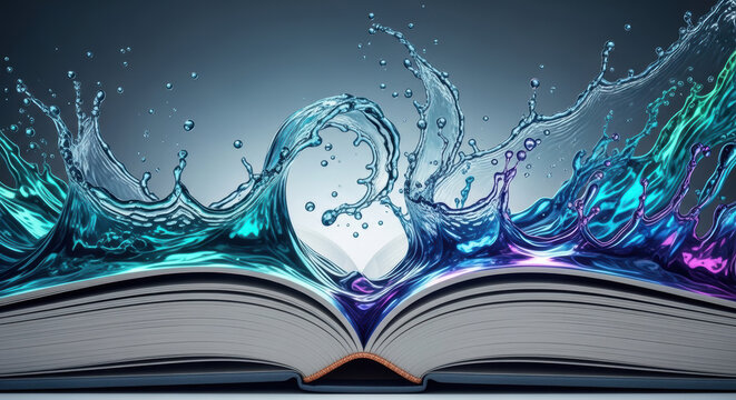Open book with magical blue water splash coming out from the pages