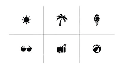 Minimalist travel themed icons set featuring sun palm tree sunglasses luggage ice cream beach ball with black white icons arranged grid cheerful vacation inspired © SabitaRani