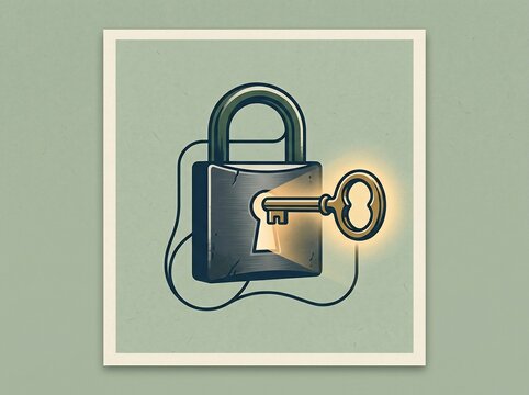 glowing key unlocking a vintage padlock illustration