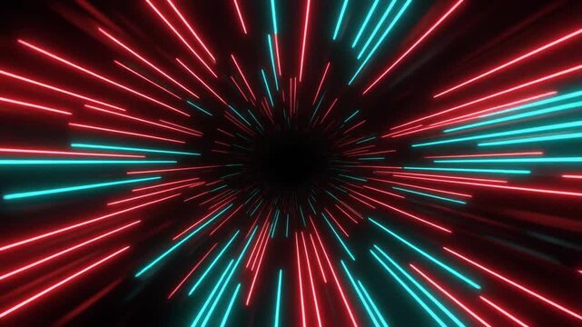 Fast dynamic streaks of bright red and blue neon light trails zooming through dark digital 