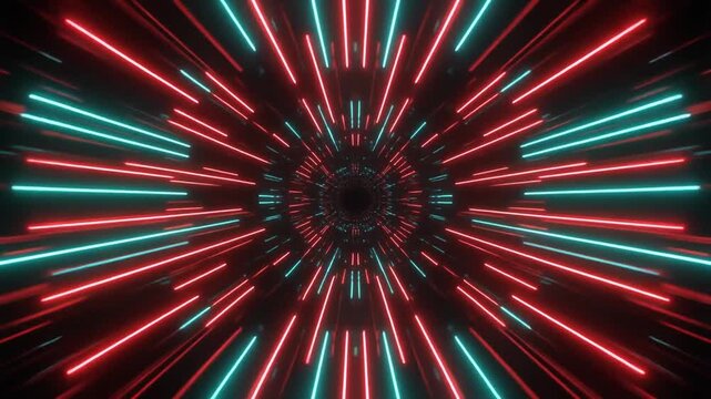 Fast dynamic streaks of bright red and blue neon light trails zooming through dark digital 