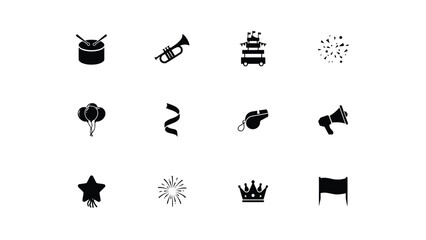 Obraz premium Minimalist black icons set featuring celebration and performance symbols on light background with monochromatic collection twelve distinct icons representing celebration
