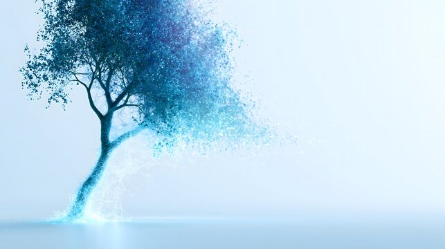 Futuristic technology background with glowing blue digital tree dispersing into light particles