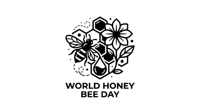 World Honey Bee Day Symbol with Hexagon Honeycomb and Flower