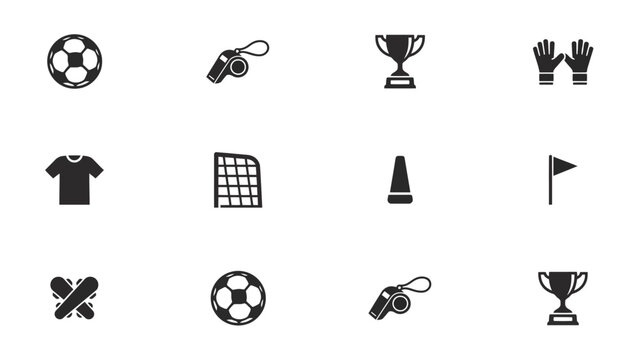 Minimalist black sports team achievement icon set for team merchandise with monochromatic collection eight stylized icons representing team sports equipment