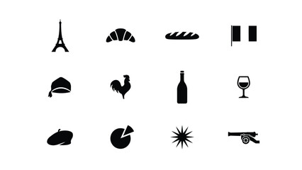 Obraz premium Minimalist icon set featuring cultural symbols and culinary elements in black silhouettes with monochromatic collection twelve distinct icons representing landmarks