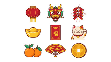 Fototapeta premium Chinese New Year Icons: Lantern, Dragon, Lucky Cat, Red Envelope, Oranges