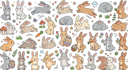 Cute Cartoon Easter Bunny Vector Collection with Fluffy Rabbits Jumping, Sleeping, Eating Carrots, and Holding Painted Eggs for Children Nursery Patterns and Card Designs