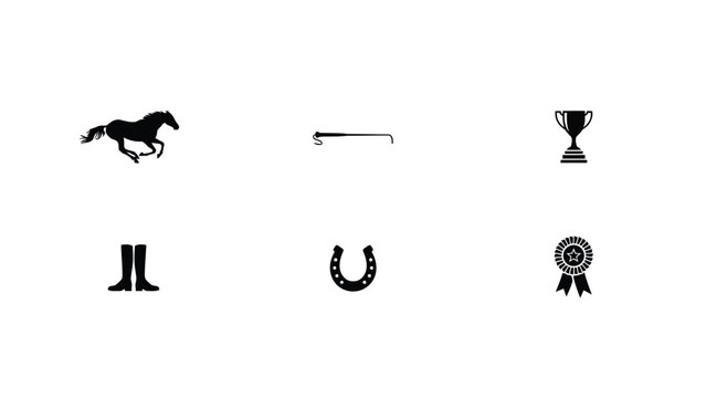 Equestrian competition icons set with presents minimalist black white illustration five key equestrian symbols arranged neatly grid victory tradition athletic