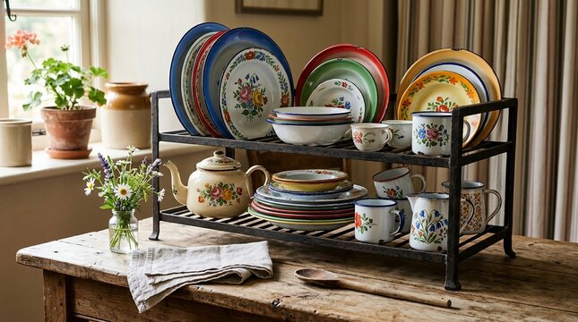 vintage enamel tableware collection on a rustic kitchen shelf