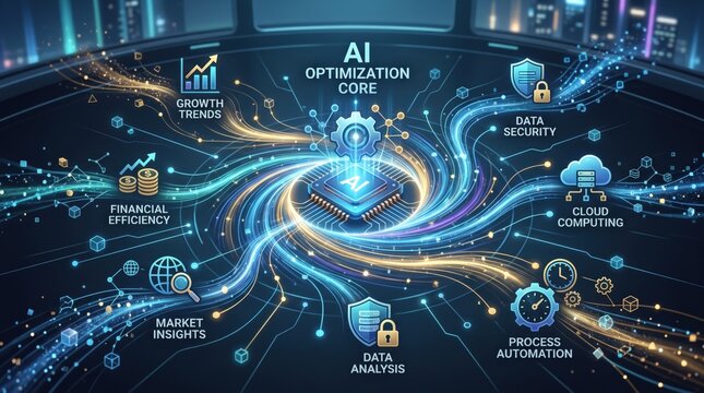 Futuristic conceptual illustration of an AI optimization core processor connecting various technological aspects like cloud computing, data security, and process automation with...