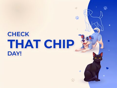 Graphic illustration for Check That Chip Day featuring a cute dog and a cat on a light background for awareness