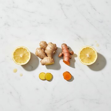 Top view arrangement of fresh ginger root and sliced lemon on marble surface
