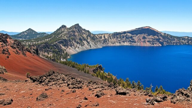 Panoramic view of a vibrant blue volcanic lake surrounded by rugged, rocky terrain and distant mountains under a clear