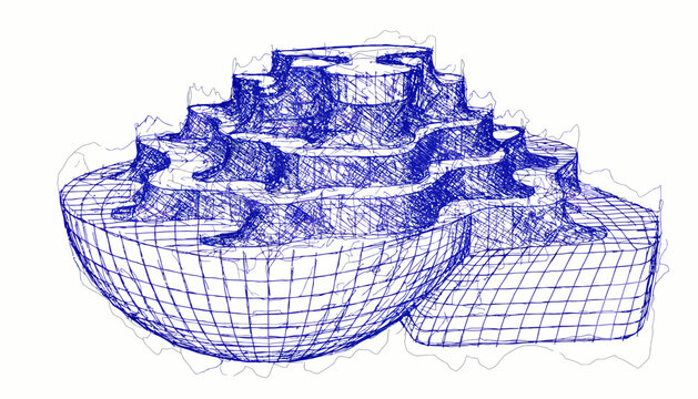 Abstract layered planetoid with grid base and sketchy outline