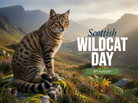 A majestic wildcat sitting in a highland landscape with text graphic celebrating the annual Scottish Wildcat Day
