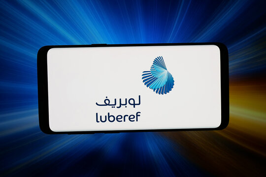 Stuttgart, Germany - 07-16-2026: In this photo illustration, the logo of Luberef (Saudi Aramco Base Oil Company) is displayed on a smartphone in front of abstract background on computer screen.