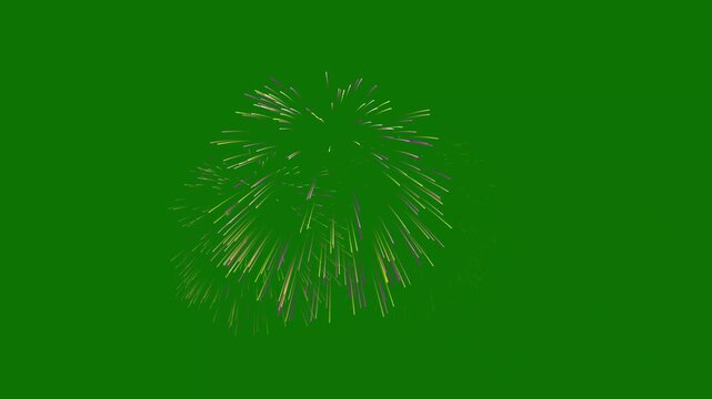 2D Colorful fireworks animation for festive nighttime celebrations, glowing sparkle burst, alpha channel, circle blast, fireworks explosion, bright light particles display on green screen loop 4k