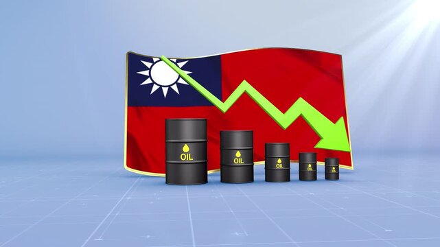 Taiwan Oil Price Falling with Oil Barrels Downward Green Arrow and 3D Financial Data Visualization Graphs for Economy and Business Concept