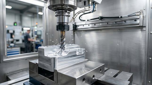 Precision CNC milling machine performing metal part manufacturing in an industrial factory setting