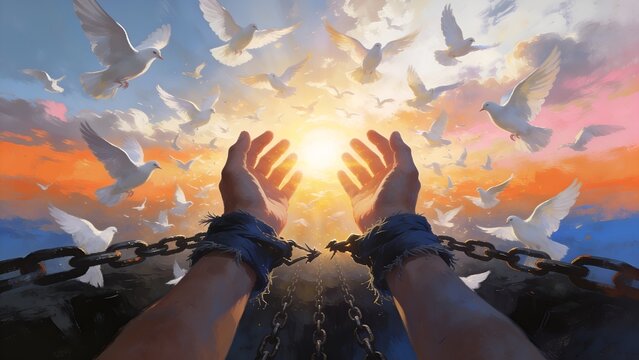 Human hands reaching towards the bright sun with broken heavy iron chains as white doves fly freely in the vibrant and colorful morning sky above us