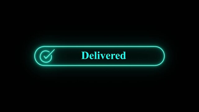 glowing neon cyan delivered checkmark sign on black backgroundA high-quality motion graphic featuring a glowing neon cyan pill-shaped button with a checkmark and the word 'Delivered' centered, set aga