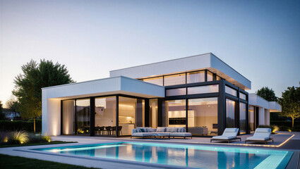 Contemporary single story luxury house with illuminated swimming pool and lounge furniture at dusk © Sadiya Digital
