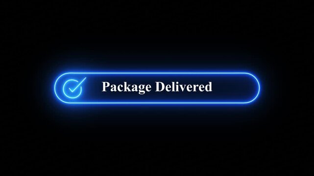 Neon Red Package Delivered Notification Graphic with Checkmark Icon on Black Background for E-commerce Delivery App Interface,A vibrant glowing red neon button showing a package delivered notification
