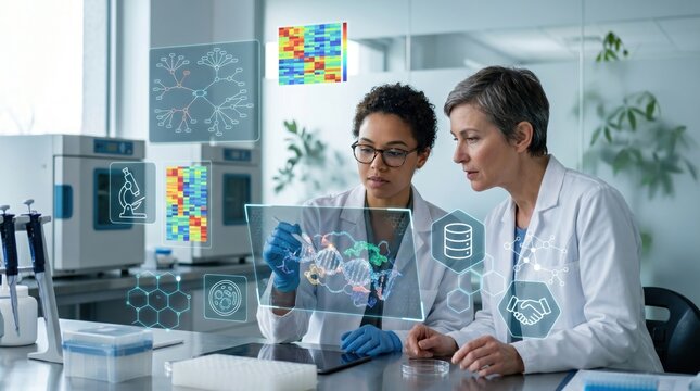Two female scientists examining holographic DNA structure in modern laboratory, biotechnology research and genetic engineering concept with floating data interfaces, medical inn...